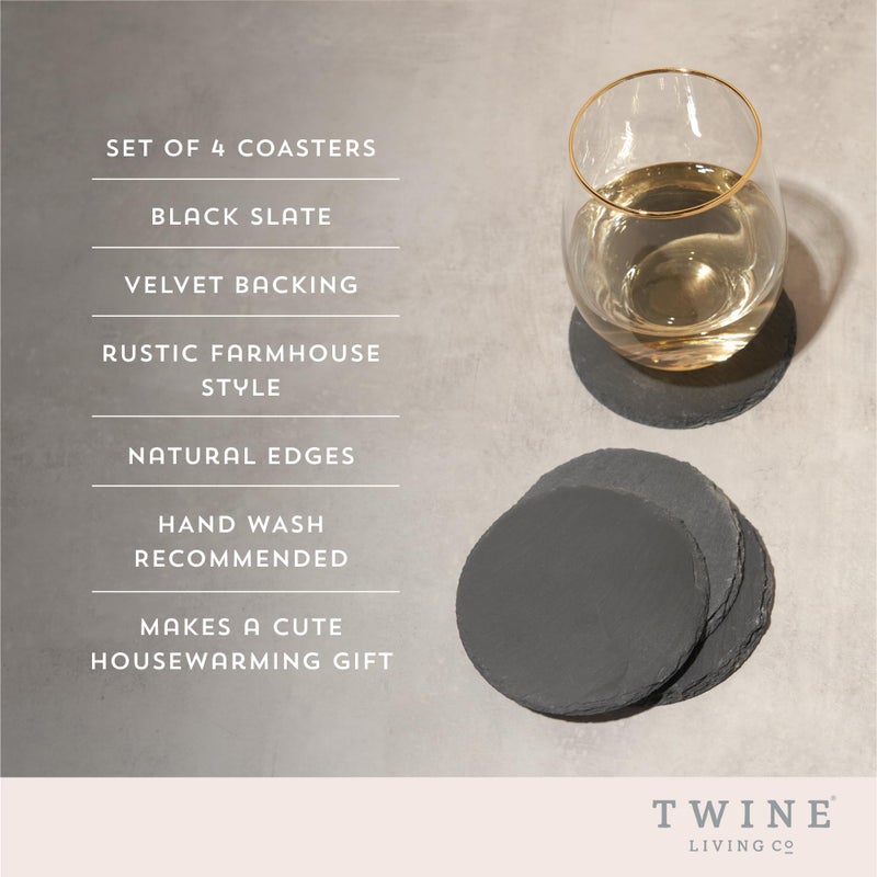 Twine Circle Slate Coasters, Modern Round Coasters, Slate with Velvet Backing, Protect Tables and Surfaces, Black, Set of 4 - Image 2